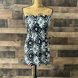 Black and white strapless mini dress